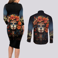 Day of Dead Lady Couples Matching Long Sleeve Bodycon Dress and Long Sleeve Button Shirt Sugar Skull Rose Lady - Wonder Print Shop