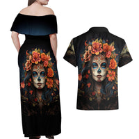Day of Dead Lady Couples Matching Off Shoulder Maxi Dress and Hawaiian Shirt Sugar Skull Rose Lady - Wonder Print Shop