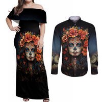 Day of Dead Lady Couples Matching Off Shoulder Maxi Dress and Long Sleeve Button Shirt Sugar Skull Rose Lady - Wonder Print Shop