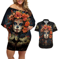 Day of Dead Lady Couples Matching Off Shoulder Short Dress and Hawaiian Shirt Sugar Skull Rose Lady - Wonder Print Shop