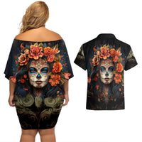 Day of Dead Lady Couples Matching Off Shoulder Short Dress and Hawaiian Shirt Sugar Skull Rose Lady - Wonder Print Shop