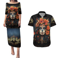 Day of Dead Lady Couples Matching Puletasi Dress and Hawaiian Shirt Sugar Skull Rose Lady - Wonder Print Shop