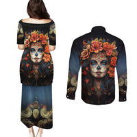 Day of Dead Lady Couples Matching Puletasi Dress and Long Sleeve Button Shirt Sugar Skull Rose Lady - Wonder Print Shop