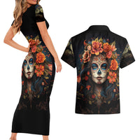 Day of Dead Lady Couples Matching Short Sleeve Bodycon Dress and Hawaiian Shirt Sugar Skull Rose Lady - Wonder Print Shop