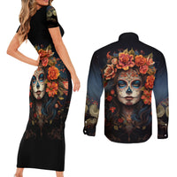 Day of Dead Lady Couples Matching Short Sleeve Bodycon Dress and Long Sleeve Button Shirt Sugar Skull Rose Lady - Wonder Print Shop