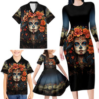 Day of Dead Lady Family Matching Long Sleeve Bodycon Dress and Hawaiian Shirt Sugar Skull Rose Lady - Wonder Print Shop