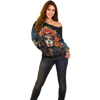 Day of Dead Lady Off Shoulder Sweater Sugar Skull Rose Lady - Wonder Print Shop