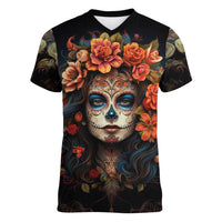 Day of Dead Lady Women V Neck T Shirt Sugar Skull Rose Lady - Wonder Print Shop