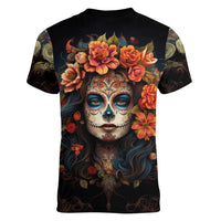 Day of Dead Lady Women V Neck T Shirt Sugar Skull Rose Lady - Wonder Print Shop