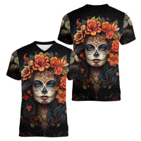 Day of Dead Lady Women V Neck T Shirt Sugar Skull Rose Lady - Wonder Print Shop