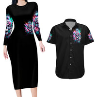 Rose Skull Couples Matching Long Sleeve Bodycon Dress and Hawaiian Shirt Fuck Off Problem Solved - Wonder Print Shop