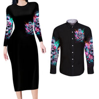 Rose Skull Couples Matching Long Sleeve Bodycon Dress and Long Sleeve Button Shirt Fuck Off Problem Solved - Wonder Print Shop