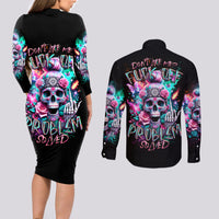 Rose Skull Couples Matching Long Sleeve Bodycon Dress and Long Sleeve Button Shirt Fuck Off Problem Solved - Wonder Print Shop