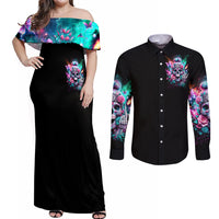 Rose Skull Couples Matching Off Shoulder Maxi Dress and Long Sleeve Button Shirt Fuck Off Problem Solved - Wonder Print Shop