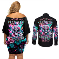 Rose Skull Couples Matching Off Shoulder Short Dress and Long Sleeve Button Shirt Fuck Off Problem Solved - Wonder Print Shop