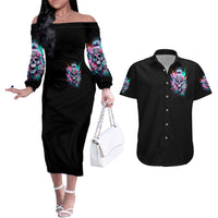 Rose Skull Couples Matching Off The Shoulder Long Sleeve Dress and Hawaiian Shirt Fuck Off Problem Solved - Wonder Print Shop