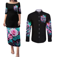 Rose Skull Couples Matching Puletasi Dress and Long Sleeve Button Shirt Fuck Off Problem Solved - Wonder Print Shop