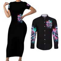 Rose Skull Couples Matching Short Sleeve Bodycon Dress and Long Sleeve Button Shirt Fuck Off Problem Solved - Wonder Print Shop
