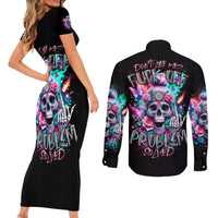 Rose Skull Couples Matching Short Sleeve Bodycon Dress and Long Sleeve Button Shirt Fuck Off Problem Solved - Wonder Print Shop