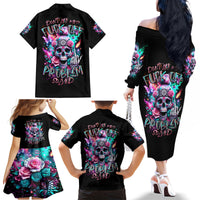 Rose Skull Family Matching Off Shoulder Long Sleeve Dress and Hawaiian Shirt Fuck Off Problem Solved - Wonder Print Shop