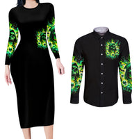Flame Skull Couples Matching Long Sleeve Bodycon Dress and Long Sleeve Button Shirt Heaven Don't Want Me Hell Afraid I Take Over - Wonder Print Shop