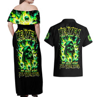 Flame Skull Couples Matching Off Shoulder Maxi Dress and Hawaiian Shirt Heaven Don't Want Me Hell Afraid I Take Over - Wonder Print Shop