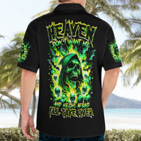 Black short-sleeve Hawaiian shirt back with green flame skull graphic and text