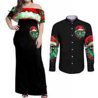 Christmas Skull Couples Matching Off Shoulder Maxi Dress and Long Sleeve Button Shirt Ho Ho Holy Shit I'm Drink - Wonder Print Shop
