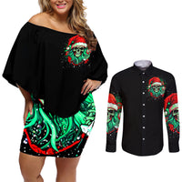 Christmas Skull Couples Matching Off Shoulder Short Dress and Long Sleeve Button Shirt Ho Ho Holy Shit I'm Drink - Wonder Print Shop