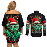 Christmas Skull Couples Matching Off Shoulder Short Dress and Long Sleeve Button Shirt Ho Ho Holy Shit I'm Drink - Wonder Print Shop
