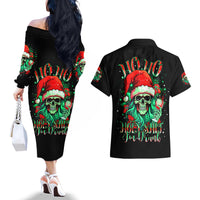 Christmas Skull Couples Matching Off The Shoulder Long Sleeve Dress and Hawaiian Shirt Ho Ho Holy Shit I'm Drink - Wonder Print Shop