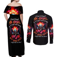 Rose Skull Couples Matching Off Shoulder Maxi Dress and Long Sleeve Button Shirt I Hold A Beast A Angel And A Crazy Lady In Me - Wonder Print Shop