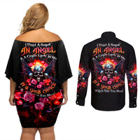 Rose Skull Couples Matching Off Shoulder Short Dress and Long Sleeve Button Shirt I Hold A Beast A Angel And A Crazy Lady In Me - Wonder Print Shop