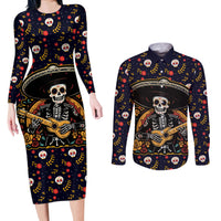 Day of Dead Skull Couples Matching Long Sleeve Bodycon Dress and Long Sleeve Button Shirt Sugar Skull Musican - Wonder Print Shop