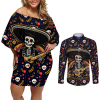 Day of Dead Skull Couples Matching Off Shoulder Short Dress and Long Sleeve Button Shirt Sugar Skull Musican - Wonder Print Shop