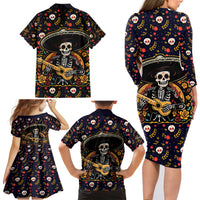 Day of Dead Skull Family Matching Long Sleeve Bodycon Dress and Hawaiian Shirt Sugar Skull Musican - Wonder Print Shop
