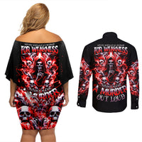 Thunder Skull Couples Matching Off Shoulder Short Dress and Long Sleeve Button Shirt Never Mistake My Silence For Weakness - Wonder Print Shop