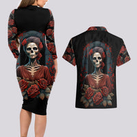 Day of Dead Lady Couples Matching Long Sleeve Bodycon Dress and Hawaiian Shirt Sugar Skull Rose Lady - Wonder Print Shop