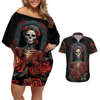 Day of Dead Lady Couples Matching Off Shoulder Short Dress and Hawaiian Shirt Sugar Skull Rose Lady - Wonder Print Shop