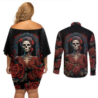 Day of Dead Lady Couples Matching Off Shoulder Short Dress and Long Sleeve Button Shirt Sugar Skull Rose Lady - Wonder Print Shop