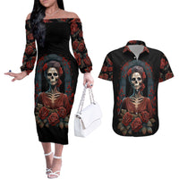 Day of Dead Lady Couples Matching Off The Shoulder Long Sleeve Dress and Hawaiian Shirt Sugar Skull Rose Lady - Wonder Print Shop