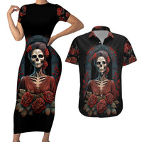 Day of Dead Lady Couples Matching Short Sleeve Bodycon Dress and Hawaiian Shirt Sugar Skull Rose Lady - Wonder Print Shop