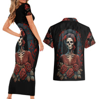 Day of Dead Lady Couples Matching Short Sleeve Bodycon Dress and Hawaiian Shirt Sugar Skull Rose Lady - Wonder Print Shop
