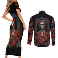 Day of Dead Lady Couples Matching Short Sleeve Bodycon Dress and Long Sleeve Button Shirt Sugar Skull Rose Lady - Wonder Print Shop