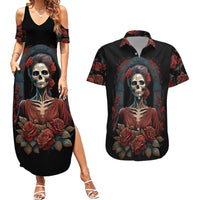 Day of Dead Lady Couples Matching Summer Maxi Dress and Hawaiian Shirt Sugar Skull Rose Lady - Wonder Print Shop