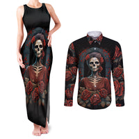 Day of Dead Lady Couples Matching Tank Maxi Dress and Long Sleeve Button Shirt Sugar Skull Rose Lady - Wonder Print Shop
