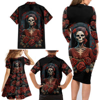 Day of Dead Lady Family Matching Long Sleeve Bodycon Dress and Hawaiian Shirt Sugar Skull Rose Lady - Wonder Print Shop