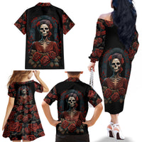Day of Dead Lady Family Matching Off Shoulder Long Sleeve Dress and Hawaiian Shirt Sugar Skull Rose Lady - Wonder Print Shop