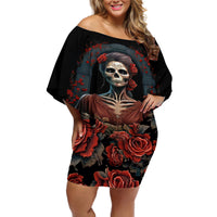 Day of Dead Lady Off Shoulder Short Dress Sugar Skull Rose Lady - Wonder Print Shop