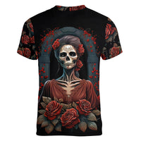 Day of Dead Lady Women V Neck T Shirt Sugar Skull Rose Lady - Wonder Print Shop